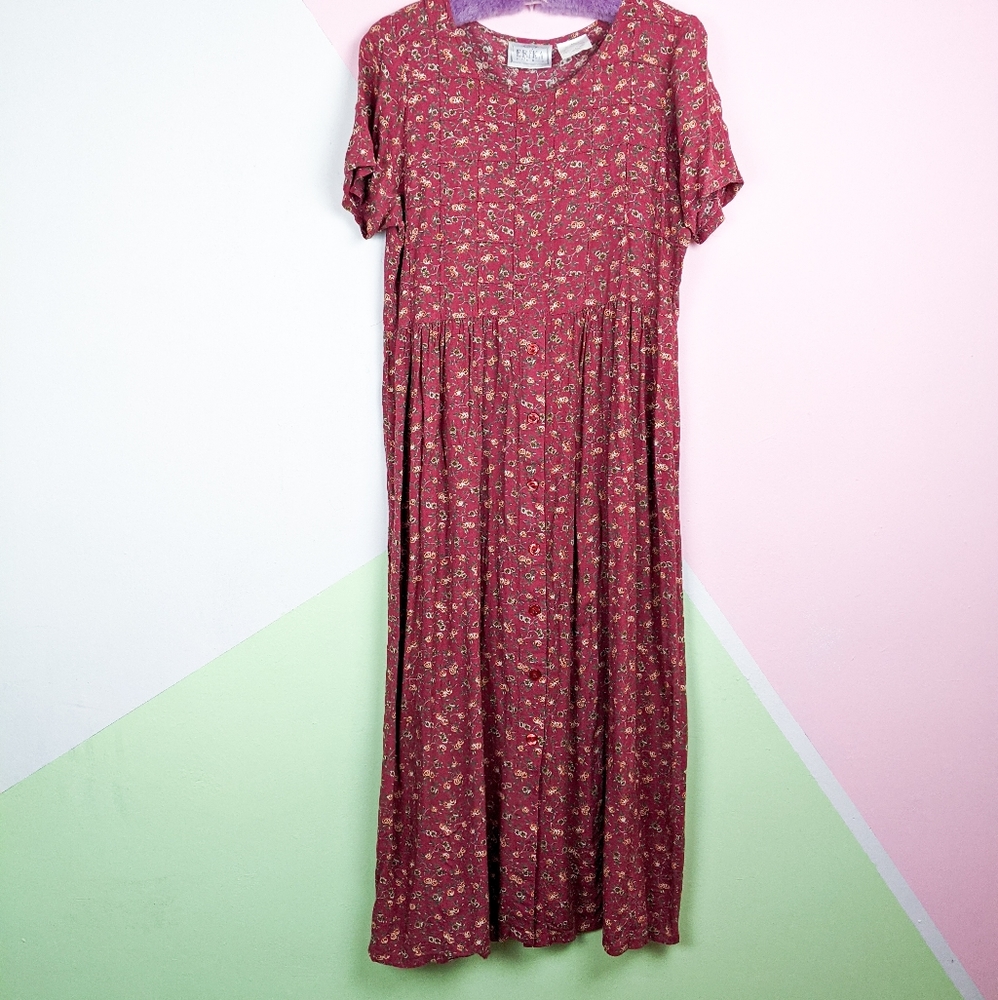 Vintage 90's Erika Studio Maroon Red Floral Dress - Picture 3 of 4